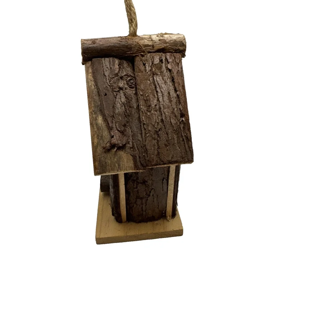 Rustic Farmhouse Cabin Wooden Bird House - Wood Bark Hanging Perch